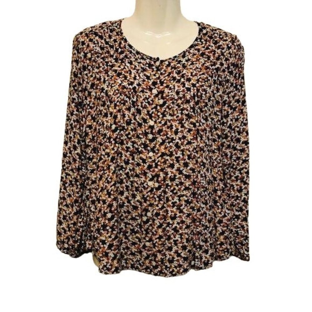 Old Navy Blue Floral Blouse Rayon Long Sleeve Button Down Size Small